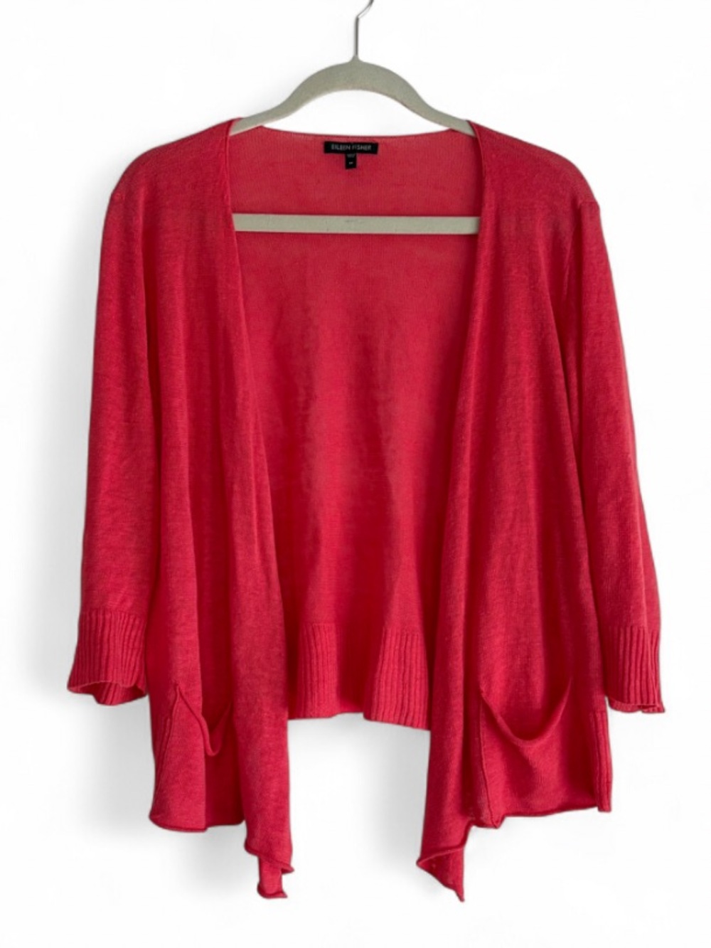 Eileen Fisher Coral Orange 100% Linen 3/4 Sleeve Open Cardigan Size M